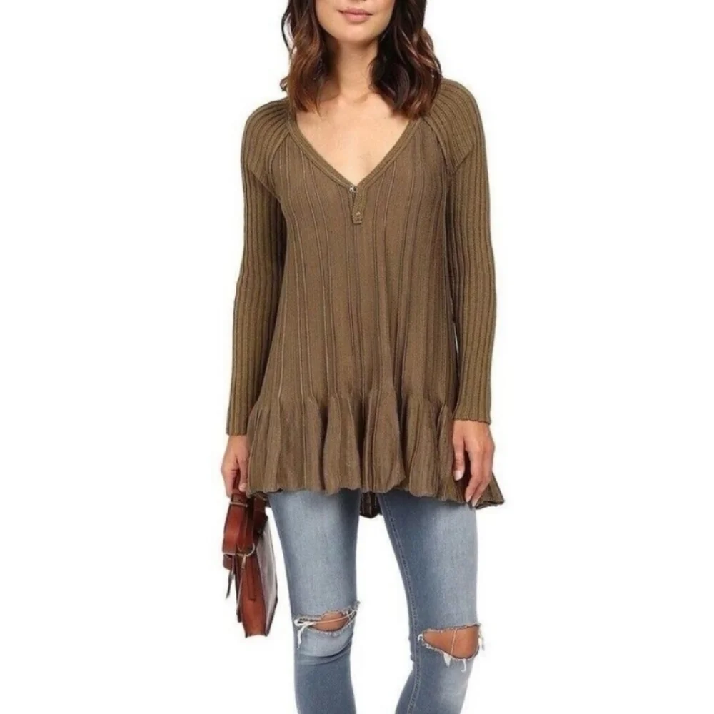 Free People Ribs And Ruffles Knit Tunic Top Mini Dress